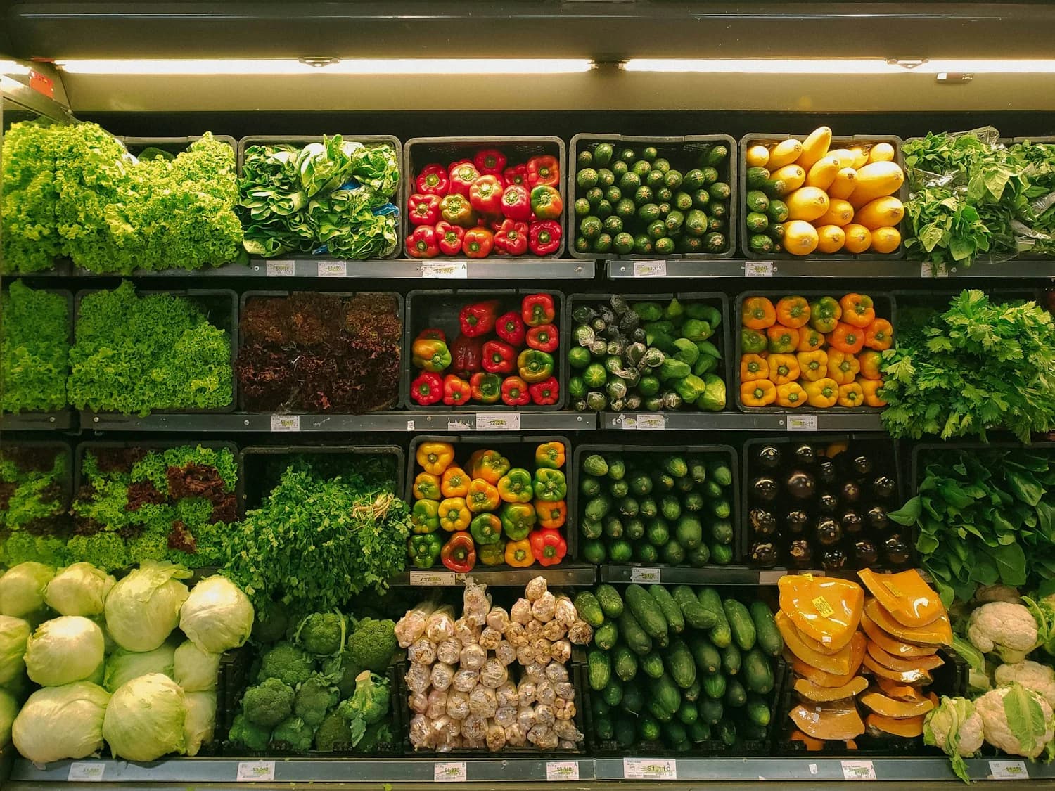 Shelves of fresh produce in a shop, stocked and ready